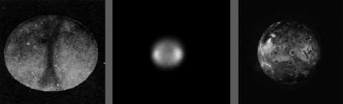 A la izquierda, observación de Ío, por Comas i Solà. Centro, fotografía digital de Ío obtenida desde la Tierra por Emil Kraaikamp (http://www.astrokraai.nl) . Derecha, aspecto de Ío visto de cerca, según sondas espaciales.