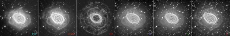 Imágenes monocromáticas de la nebulosa Anular en varias bandas seleccionadas