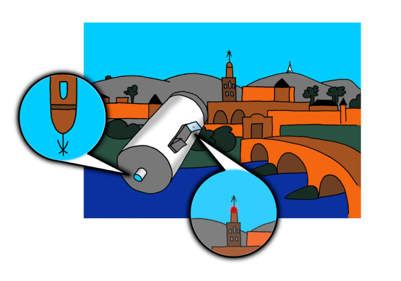 Sobre el dibujo esquemático de una población que recuerda a Córdoba se muestra un telescopio apuntando al extremo de un alminar y un buscador de tipo puntero rojo. Aparece en ampliaciones lo que se ve por cada aparato.