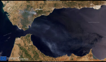 Imagen de fuego en Andalucía tomada por Sentinel 3 de Copernicus