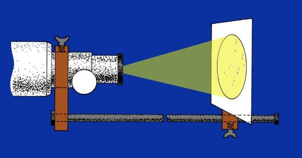Proyección del Sol mediante un telescopio. Hay que asegurarse de que tanto el telescopio como el ocular utilizados son aptos para este fin. Imagen: David Galadí (Cap. 15 de la Guía de Astronomía para principiantes).
