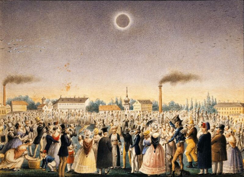 Los eclipses a lo largo de la historia han suscitado fascinación y pavor. En esta pintura de Johann Christian Schoeller, la gente se congrega en Viena para contemplar uno total de Sol el 8 de julio de 1842. / Wikimedia Commons