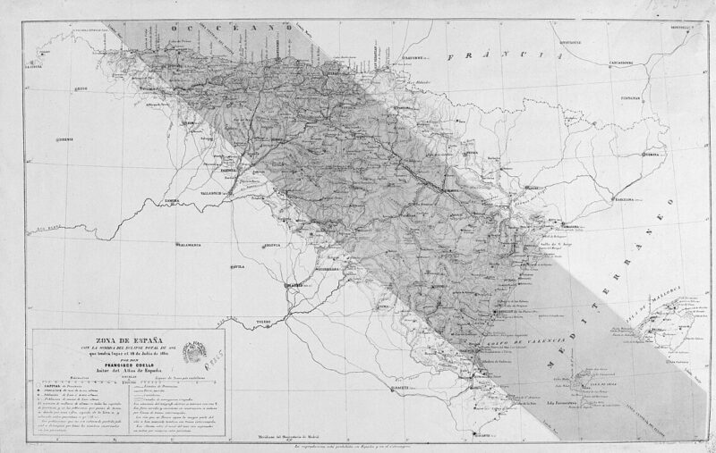 Recorrido del eclipse solar total sobre España del 18 de julio de 1860, por Francisco Coello, autor del Atlas de España. Imagen: Biblioteca Nacional de España