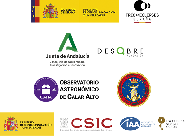 Imagen para visualizar en móvil con logos de: Trío de Eclipses; Consejería de Universidad, Investigación e Innovación; Real Observatorio de la Armada; Observatorio Astronómica Calar Alto; Instituto de Astrofísica de Andalucía (IAA, CSIC).