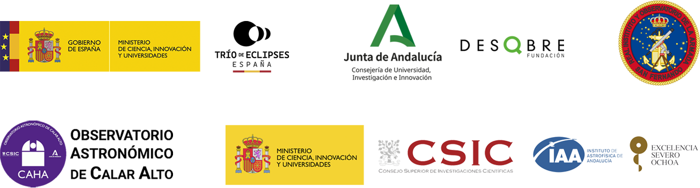 Imagen con logotipos de Trío de Eclipses; Consejería de Universidad, Investigación e Innovación; Real Observatorio de la Armada; Observatorio Astronómica Calar Alto; Instituto de Astrofísica de Andalucía (IAA, CSIC).