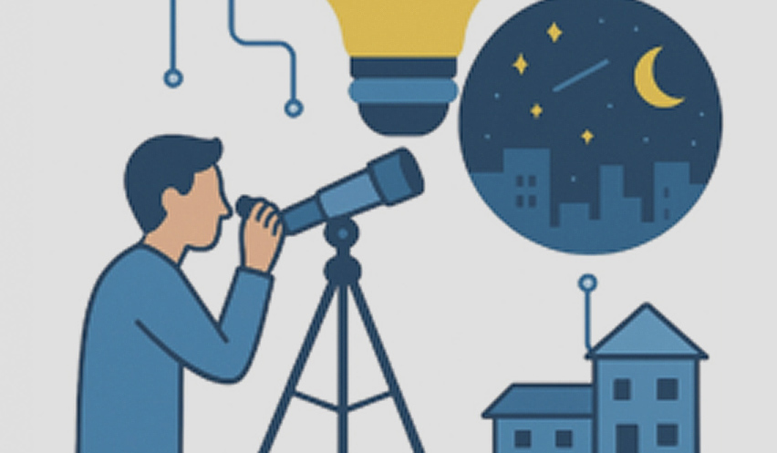 Infografía de un joven con telescopios.