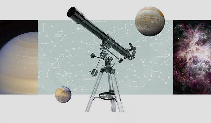 Fotomontaje con telescopios para observación astronómica.