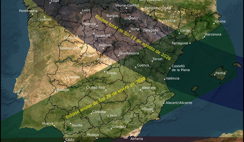 En la imagen se ven sombreadas las zonas de totalidad y de anularidad de cada uno de los eclipses en España./ Instituto Geográfico Nacional / Ministerio de Transportes.