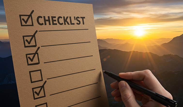 Checklist Against Sunrise: Task Completion and New Beginnings Concept.