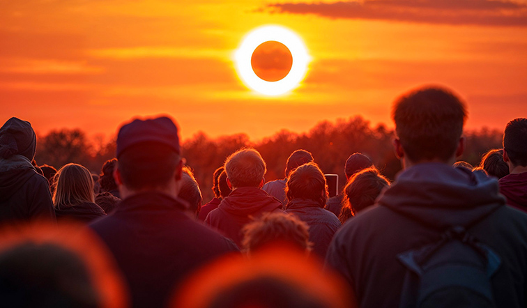 Crowd of people viewing a total solar eclipse, wide banner.