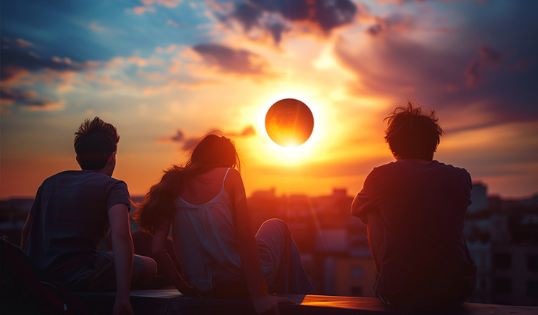 Young people on the rooftop watching the eclipse.