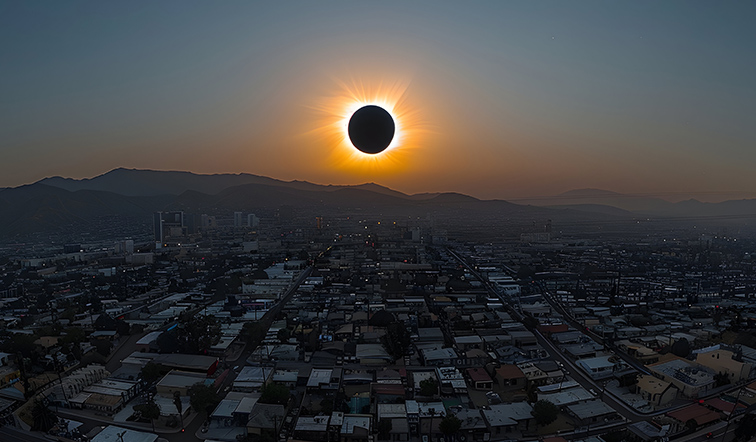 Photograph of Solar Eclipse Over Cityscape.