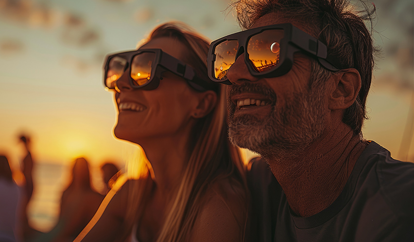 A couple watching solar eclipse through safe solar viewing glasses outdoors.