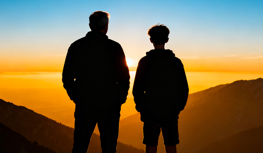 Imagen de un padre con su hijo observando de espaldas un eclipse solar en la montaña.