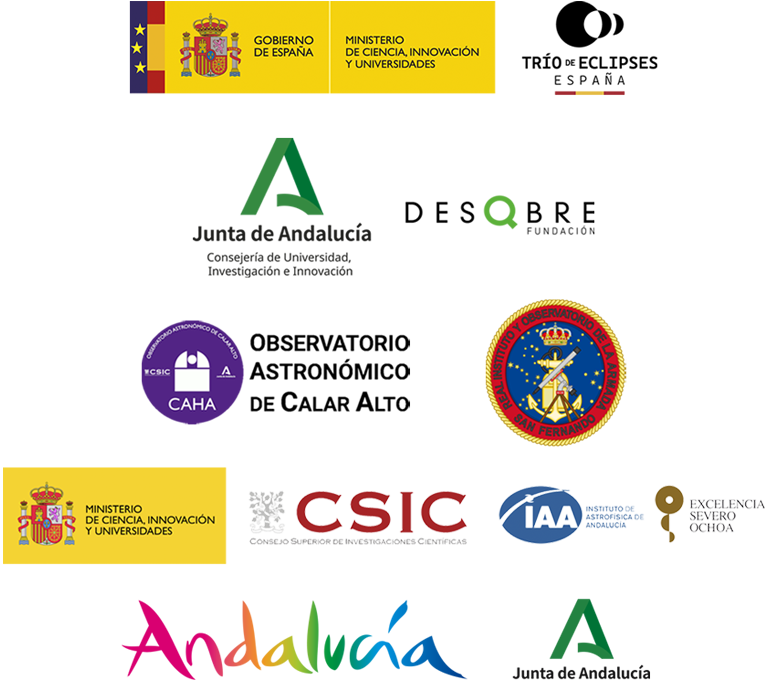 Imagen para visualizar en móvil con logos de: Trío de Eclipses; Consejería de Universidad, Investigación e Innovación; Real Observatorio de la Armada; Observatorio Astronómica Calar Alto; Instituto de Astrofísica de Andalucía (IAA, CSIC); Turismo Andaluz.