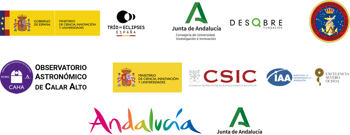Imagen con logotipos de Trío de Eclipses; Consejería de Universidad, Investigación e Innovación; Real Observatorio de la Armada; Observatorio Astronómica Calar Alto; Instituto de Astrofísica de Andalucía (IAA, CSIC); Turismo Andaluz.