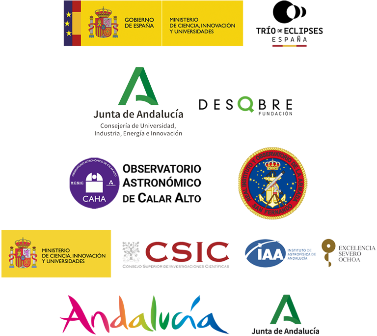 Imagen para visualizar en móvil con logos de: Trío de Eclipses; Consejería de Universidad, Industria, Energía e Innovación, Junta de Andalucía; Real Observatorio de la Armada; Observatorio Astronómica Calar Alto; Instituto de Astrofísica de Andalucía (IAA, CSIC); Turismo Andaluz.