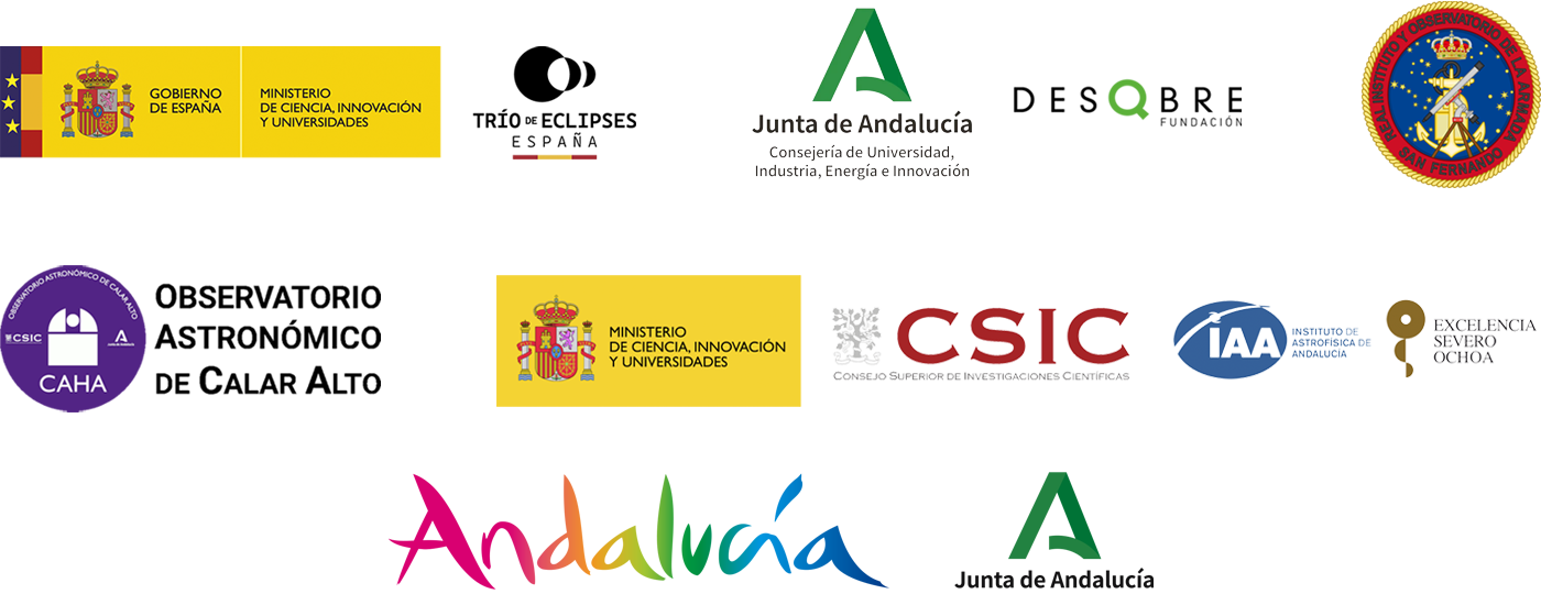 Imagen con logotipos de Trío de Eclipses; Consejería de Universidad, Industria, Energía e Innovación, Junta de Andalucía; Real Observatorio de la Armada; Observatorio Astronómica Calar Alto; Instituto de Astrofísica de Andalucía (IAA, CSIC); Turismo Andaluz.