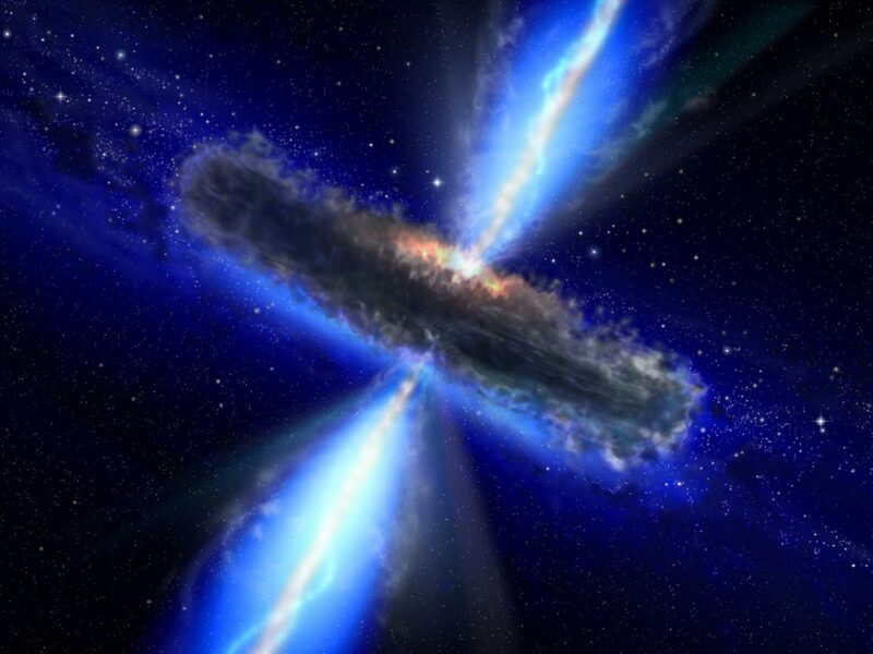 Esquema que muestra los componentes básicos de un cuásar: un agujero negro supermasivo, un disco de acreción y un toroide de polvo. Fuente: HST.