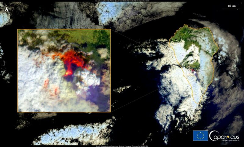Imagen por satélite del despertar del volcán en La Palma.