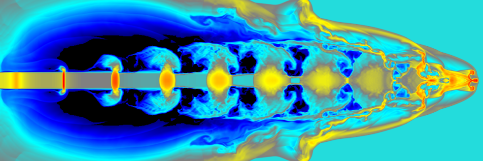Simulación numérica de un jet con velocidad de eyección variable con el tiempo. Créditos: James M. Stone
