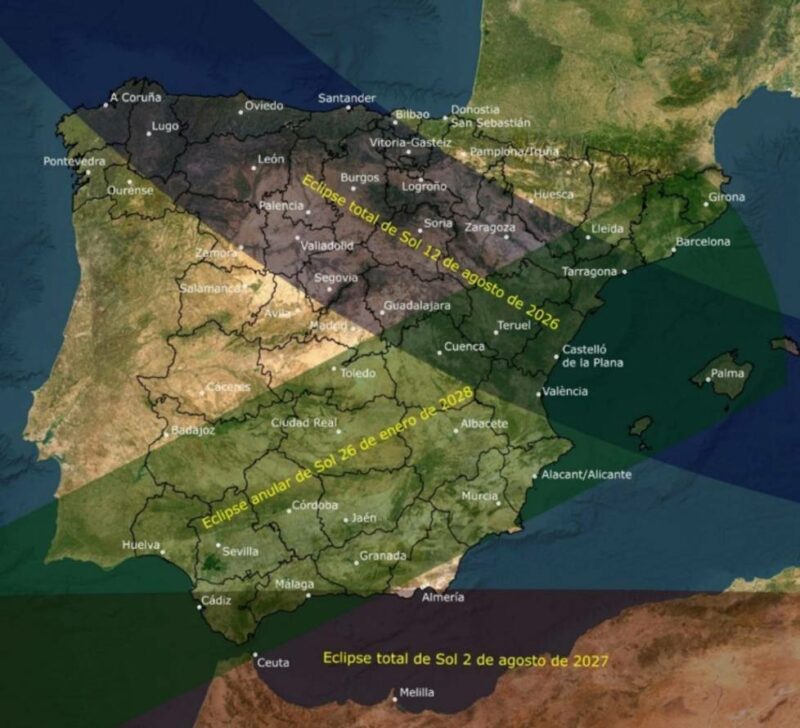 En la imagen se ven sombreadas las zonas de totalidad y de anularidad de cada uno de los eclipses en España./ Instituto Geográfico Nacional / Ministerio de Transportes.